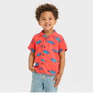 Cat & Jack Coral Fish Print Button Down Shirt SZ S (6/7) M (8)